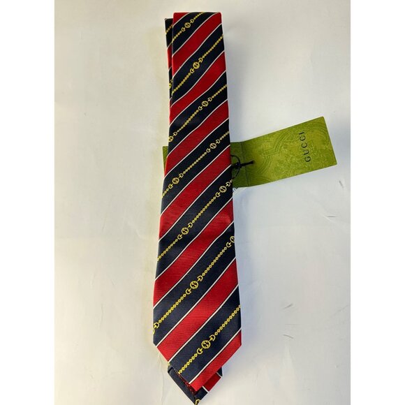 Gucci Navy/red Silk Interlocking G Chain Striped Tie - Picture 3 of 11